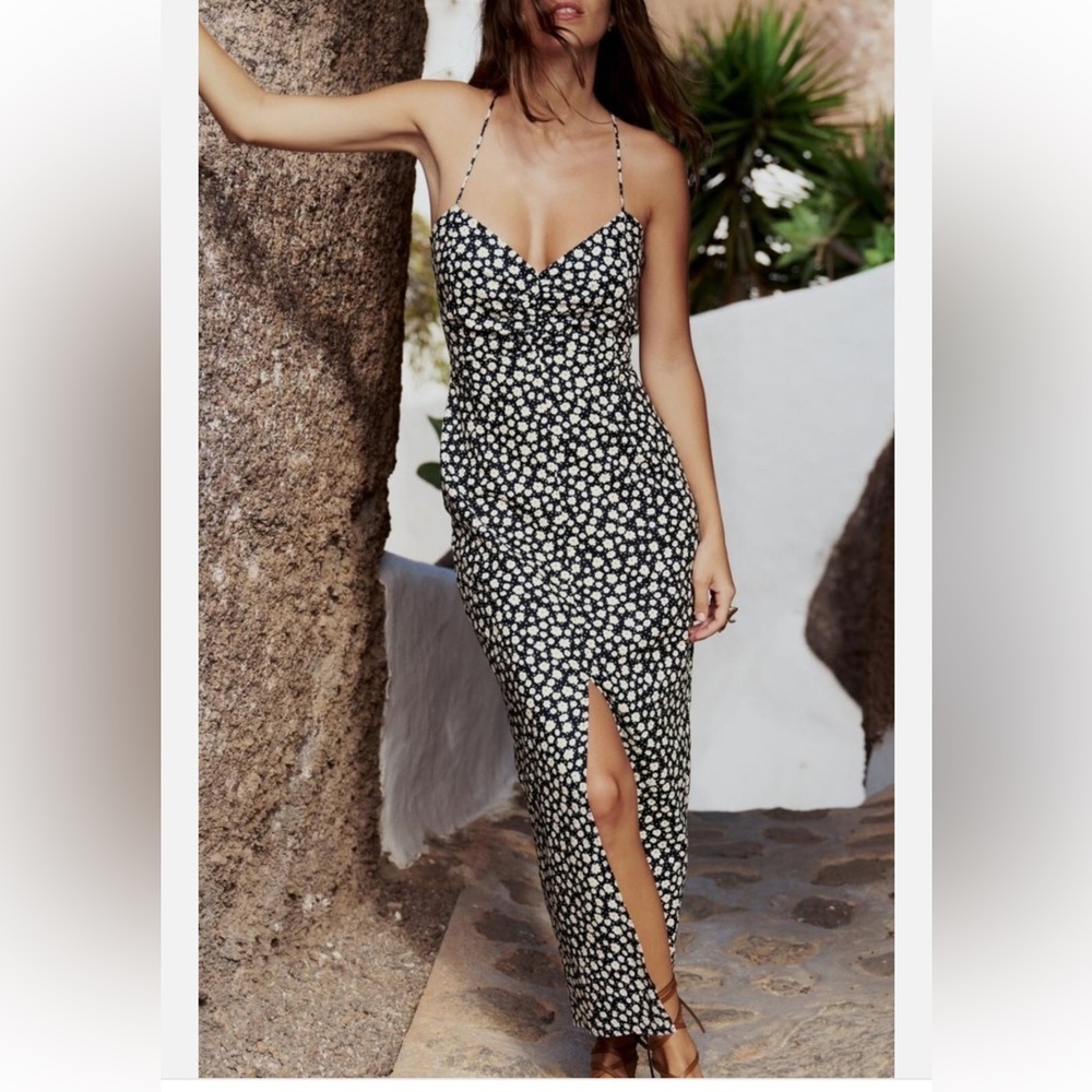 NWT Zara Black and White linen strappy Floral Maxi Dress - Picture 1 of 10